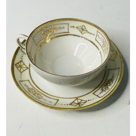 Vintage Hand Painted Nippon Japan Tea Cup & Saucer Gold Flowers Diamonds Teacup - Picture 10 of 11